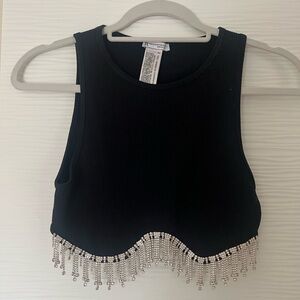 Zara Black Cropped Tank with Silver Beaded Fringe